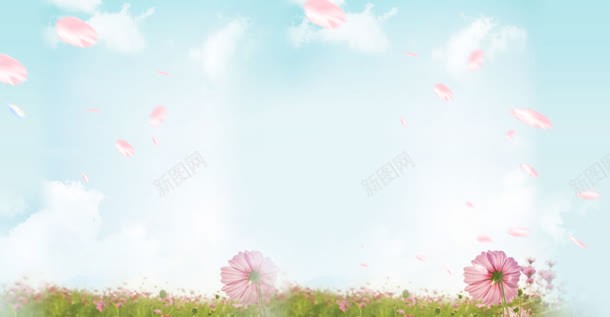 绿草粉色花朵蓝天白云jpg设计背景_新图网 https://ixintu.com 白云 粉色 花朵 蓝天