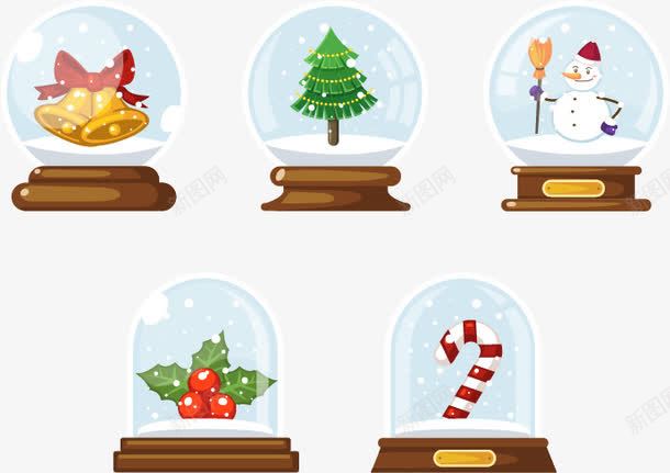 五个圣诞水晶球png免抠素材_新图网 https://ixintu.com 圣诞树 拐棍 水晶球 玻璃球 矢量免费图片素材 铃铛 雪人