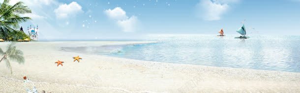 沙滩背景jpg设计背景_新图网 https://ixintu.com 大海 帆船 海星 蓝天白云