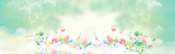 白云上的粉花绿花海报背景