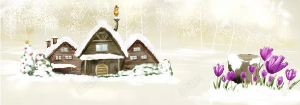 卡通冬季房屋背景banner背景