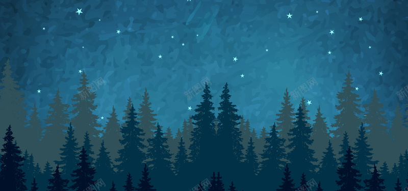 森林手绘深蓝色淘宝海报背景背景