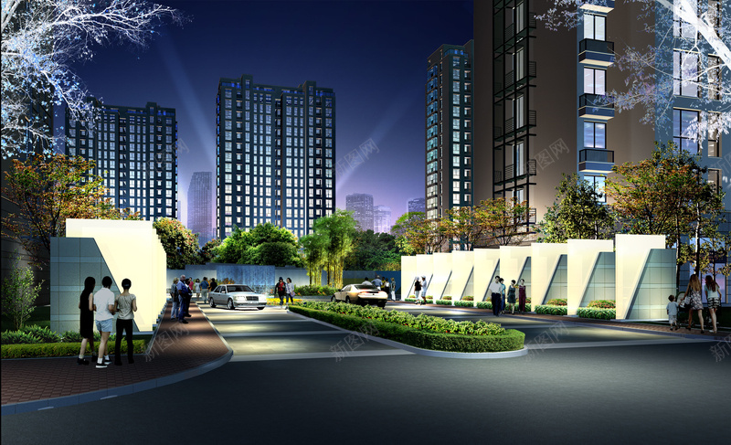 小区大门口景观效果图背景psd设计背景_新图网 https://ixintu.com 人物 大楼 小区 建筑物 树木 楼房 汽车 海报 灯光 照明 背景 花圃 行人