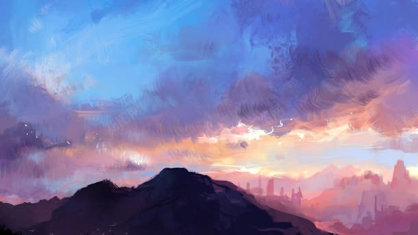 彩绘天空蓝色紫色山顶夕阳背景