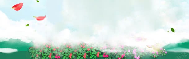 白云笼罩的绿叶红花背景