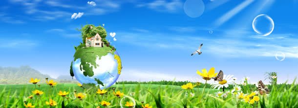 清新地球背景jpg设计背景_新图网 https://ixintu.com 地球 房屋 清新 花 蓝天白云 蝴蝶
