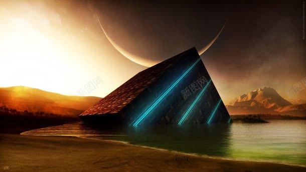 日落水面上的三角形建筑科技背景