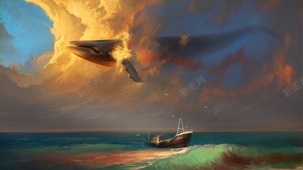 卡通手绘云彩中的鲨鱼jpg设计背景_新图网 https://ixintu.com 云彩 卡通 鲨鱼