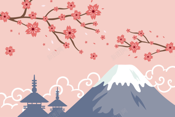 卡通扁平旅游日本富士山风景海报背景矢量图背景