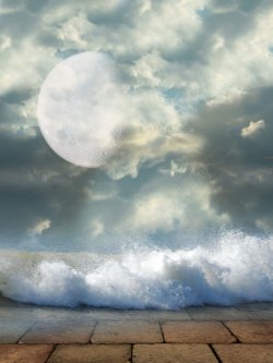 海浪中的荒岛云层中的月亮高清图片