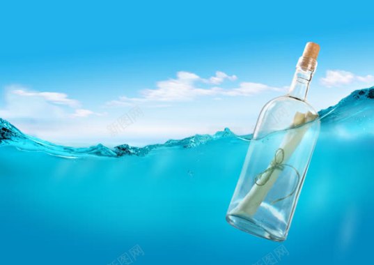 白云天空海水漂流瓶背景
