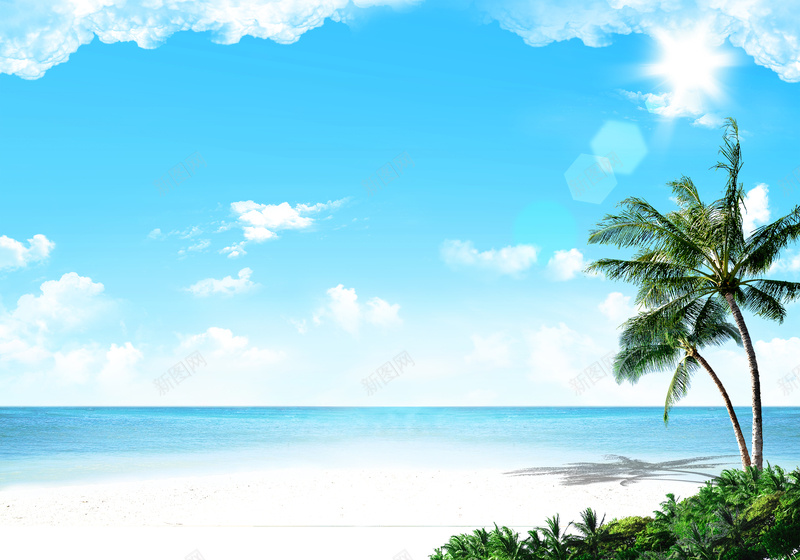海滩椰子树背景psd设计背景_新图网 https://ixintu.com 休闲 优惠 促销 夏日 大海 天空 旅游 椰子树 沙滩 海报 海滩 白云 背景素材 蓝天 蓝色 阳光