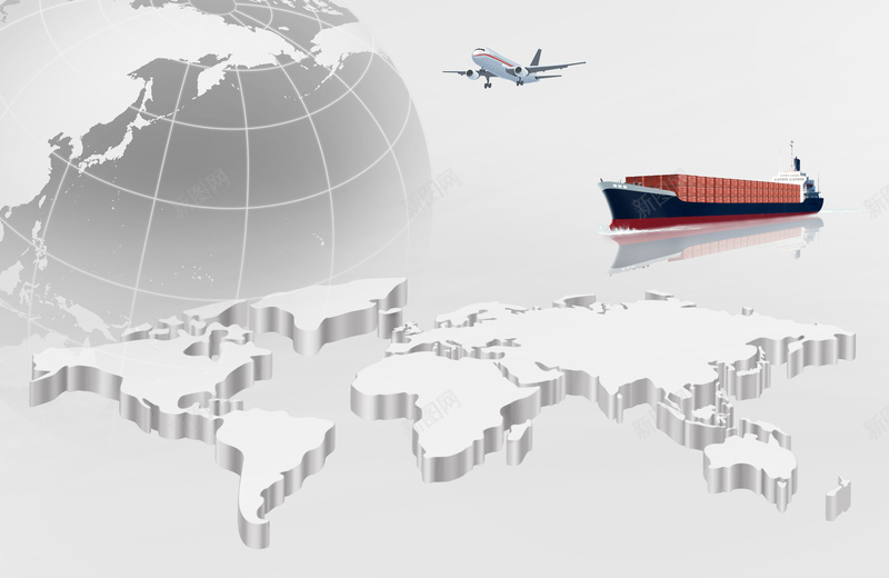 世界地图地球和轮船背景psd设计背景_新图网 https://ixintu.com PSD分层素材 世界地图 交通 地球 海报 白色 背景 船只 轮船 运输 飞机