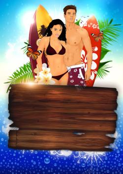 贺卡鲜花边框冲浪美女男士与木板背景高清图片
