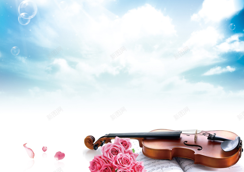 音乐背景图psd_新图网 https://ixintu.com 小提琴 摄影 白云 花卉 花朵 蓝天 音乐 音符 风景