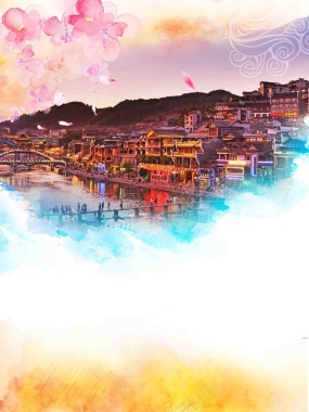 湖南凤凰古城唯美旅游海报背景模板背景