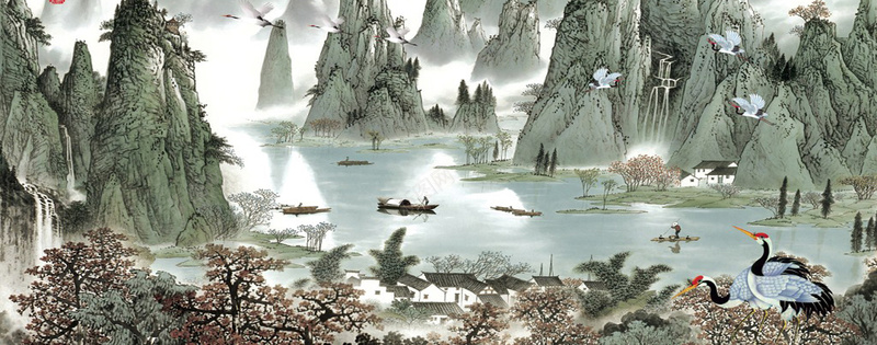 水墨山水画jpg设计背景_新图网 https://ixintu.com 中国风 仙鹤 国画 小船 山水画 村庄 树林 水墨 海报banner 风景画