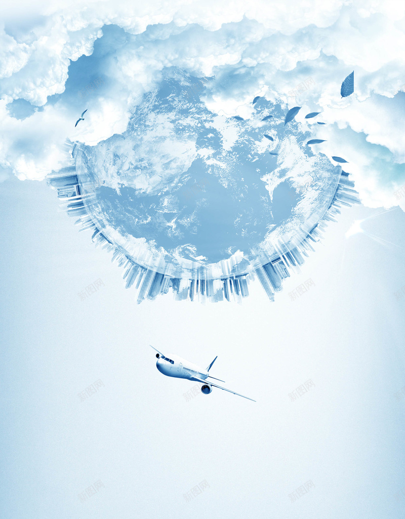 旅游宣传蓝色海报背景psd设计背景_新图网 https://ixintu.com 云彩 地球 宣传 广告 旅游 海报 背景 蓝色 飞机