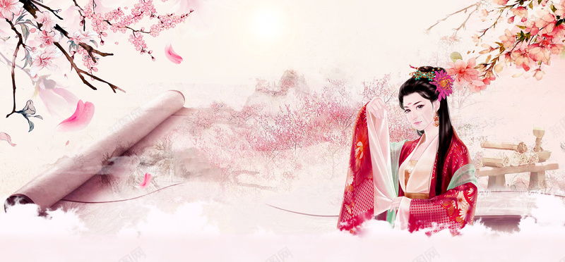 桃花节古典美女中国风画轴背景背景