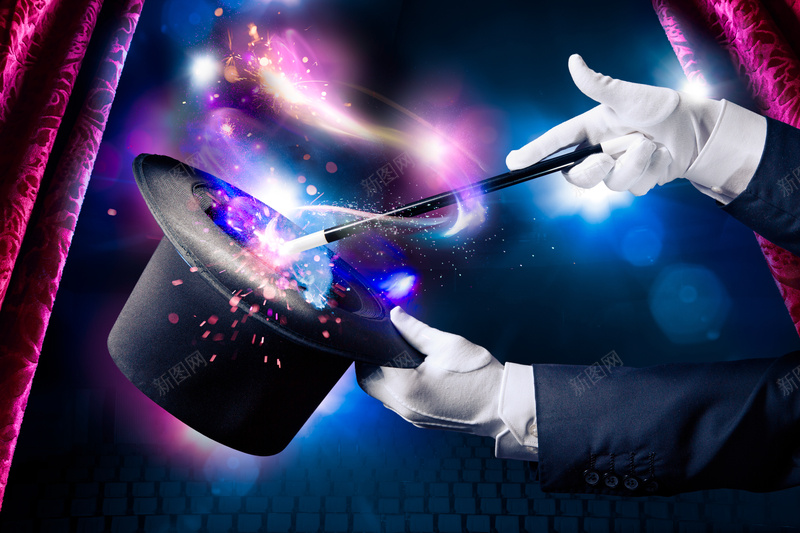 神奇魔术海报jpg设计背景_新图网 https://ixintu.com 光芒 帽子 梦幻 浪漫 海报 舞台 魔术师 魔术棒