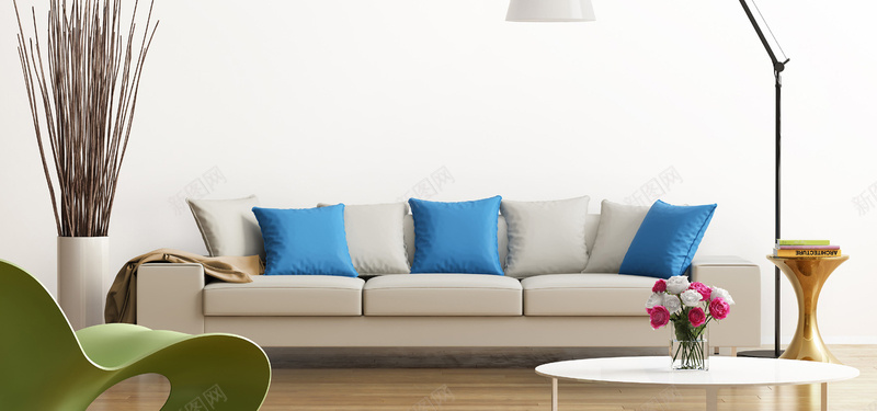 客厅沙发与蓝白色枕头jpg设计背景_新图网 https://ixintu.com 客厅 家居 枕头 沙发 海报banner 蓝白色