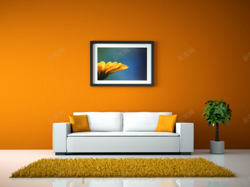 暖橙色调家居背景图psd设计背景_新图网 https://ixintu.com 抱枕 时尚 暖色调 橙色 沙发 画框 纯白色 绿植 背景