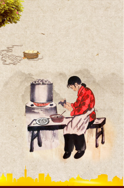 鲜虾水饺挂画中国风手绘淳朴包饺子文化海报背景高清图片