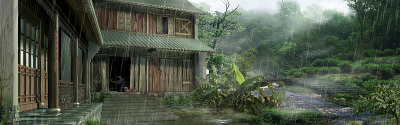 下雨林间小屋psd设计背景_新图网 https://ixintu.com 户外场景 户外风景 梦幻 活动背景 浪漫 海报banner 海边背景 淘宝素材 淘宝背景