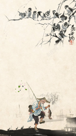 老人与鸟中国风乡村休闲度假村背景高清图片