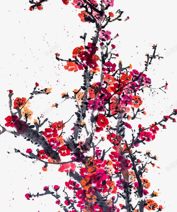 国画红梅花枝png免抠素材_新图网 https://ixintu.com 国画 毛笔画 水墨画 红色的花 腊梅 花朵 花枝