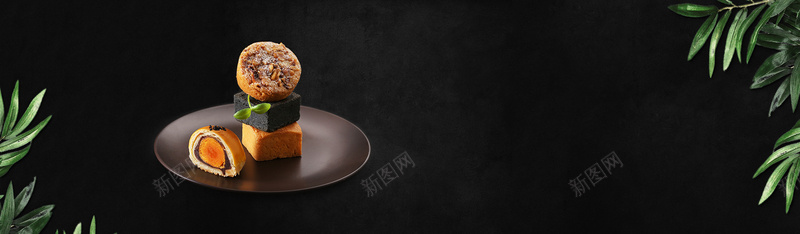 中式高档月饼促销黑色banner背景
