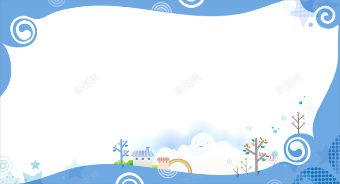 蓝色边框卡通小树背景矢量图背景