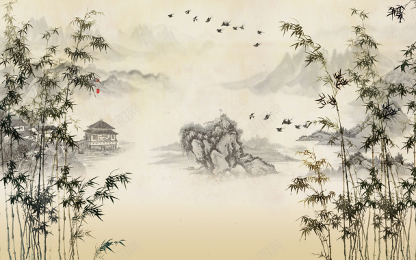 竹林飞鸟中国画背景背景