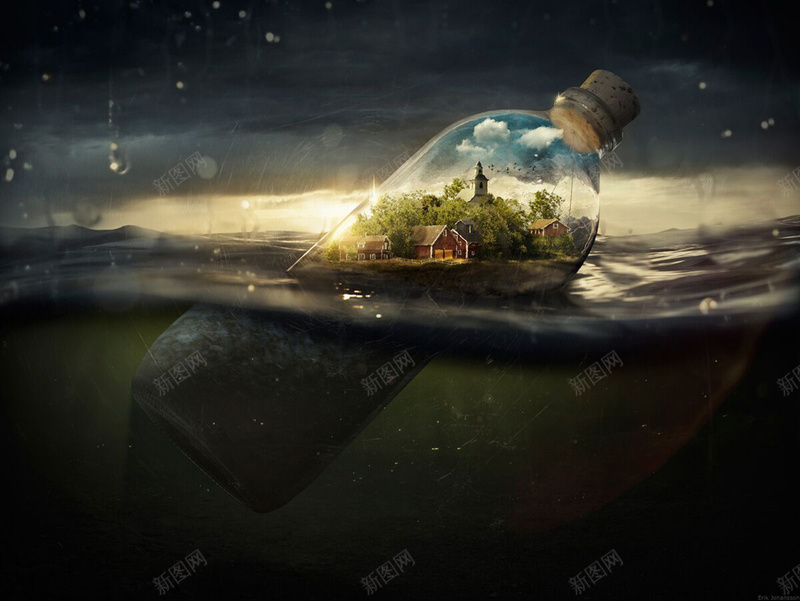 大气简约瓶子创意海报背景jpg设计背景_新图网 https://ixintu.com 创意 合成 和谐 大气梦幻 宁静 平和 房子 摄影 海洋 瓶子 蓝色 风景