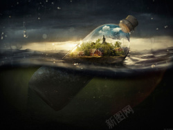 创意瓶子海洋干涸大气简约瓶子创意海报背景高清图片
