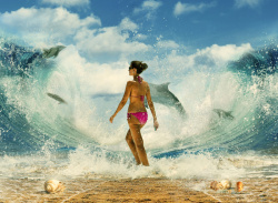 矢量海豚美女海滩冲浪背景图高清图片