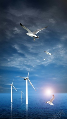太阳能发电蓝色海上发电海鸥H5背景摄影图片