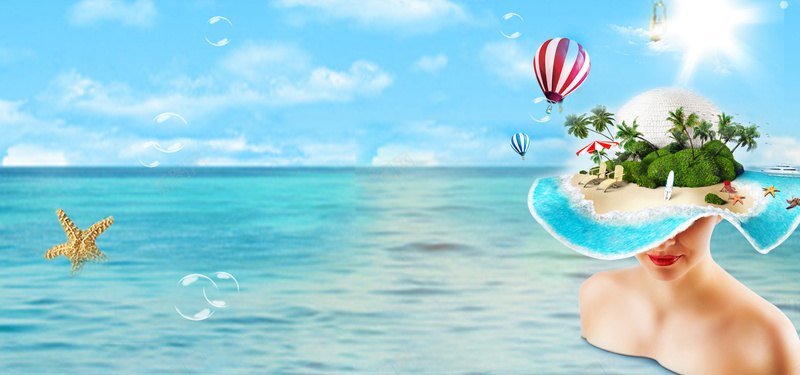 夏天马尔代夫海边度假创意帽子蓝色背景psd设计背景_新图网 https://ixintu.com 出游 出游海报 创意帽子 大气 广告 旅游 旅游背景 旅行 海边度假 热气球 素材 美女 背景 设计