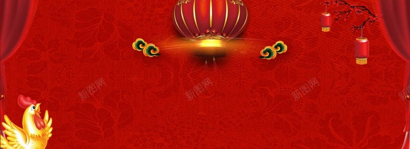 红色牡丹纹理新年灯笼淘宝鸡年banner背景
