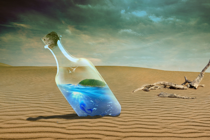 沙漠中的瓶中海jpg设计背景_新图网 https://ixintu.com 创意 沙漠 海 瓶