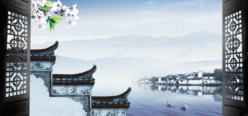 中国式古建筑海报背景图背景
