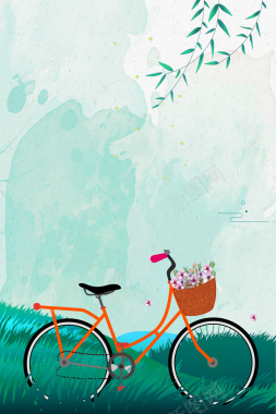 浅绿色手绘小清新春季上新单车春天背景背景