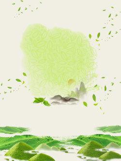手绘茶山简约手绘水墨风景茶山风景树叶背景高清图片