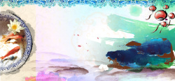 鲤鱼青花瓷水粉手绘中国风背景海报高清图片