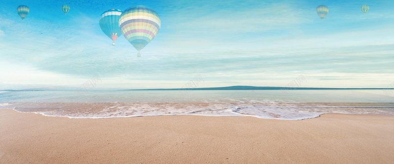 初夏海边度假梦幻热气球蓝色背景背景