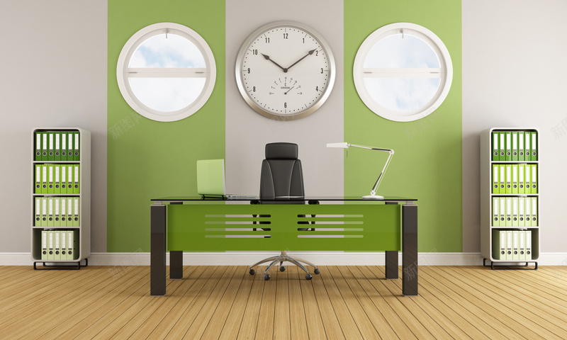 绿色现代办公室装修jpg设计背景_新图网 https://ixintu.com 办公室 办公桌 文件夹 文件柜 时钟 椅子 现代 现代办公室装修 窗户 绿色风格 装修