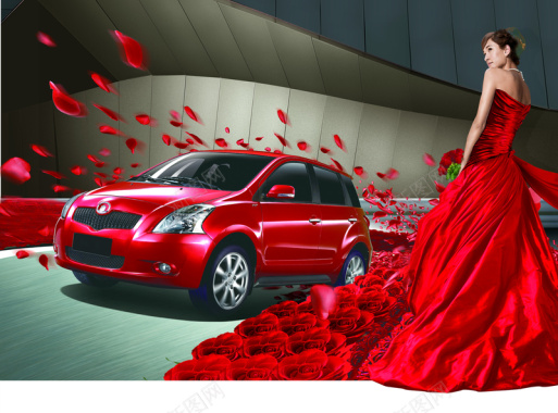 红色汽车美女背景背景