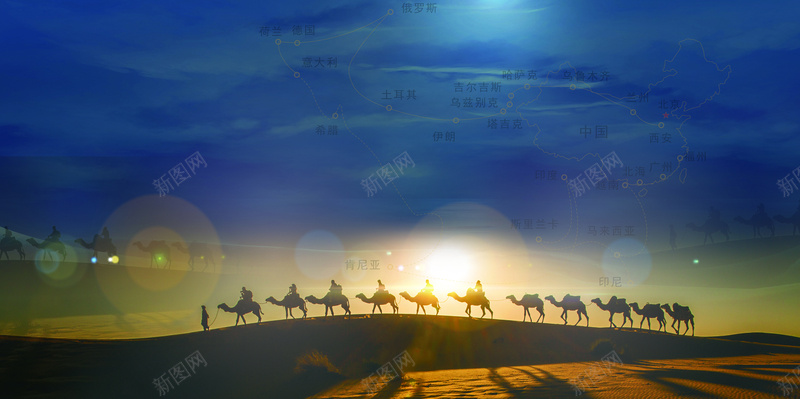蓝色天空一带一路背景psd设计背景_新图网 https://ixintu.com 一带一路 中国风 党建 大气 展板背景 沙漠 蓝色天空 骆驼