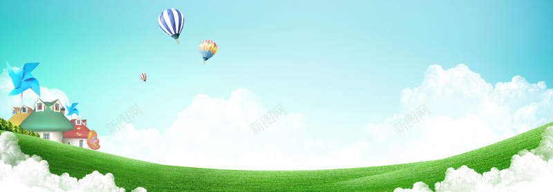 全屏海报背景psd设计背景_新图网 https://ixintu.com 卡通 房屋 手绘 氢气球 海报banner 童趣 绿色背景 草地 蓝天白云