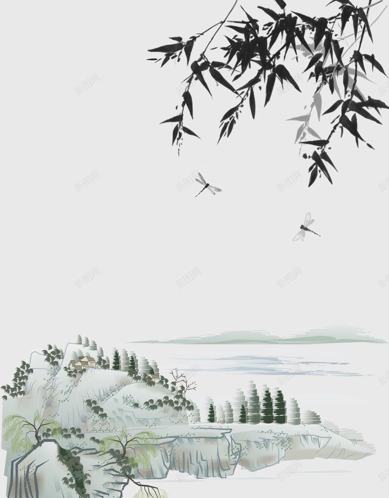 水墨山水竹子国画背景jpg设计背景_新图网 https://ixintu.com 东方文化 中国元素 中国文化 中国风 古风 唯美 复古 小船 意境 水墨 水墨山水 海报 竹子 远山